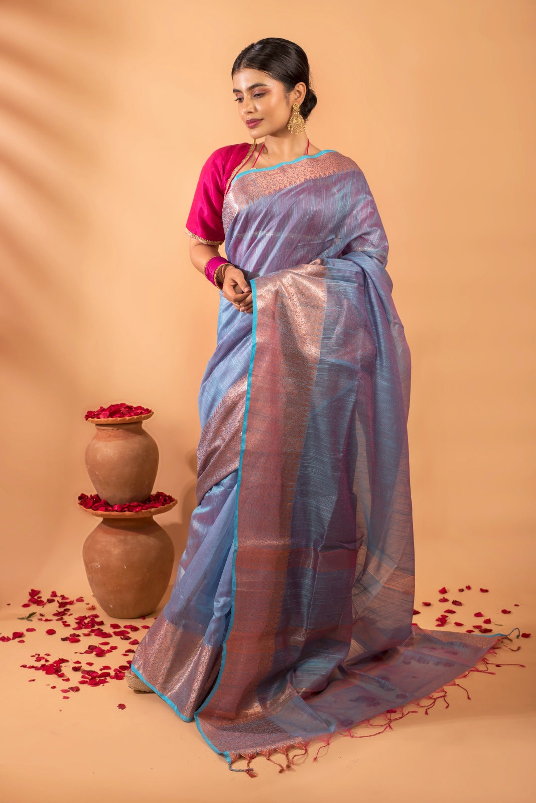 SAANCHI – Pure handwoven Kora silk saree in sky blue with rose-gold zari border and pallu