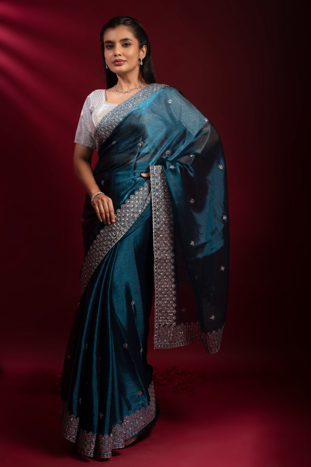 ARUNDHUTI | DEEP TEAL KHADDI GEORGETTE SAREE