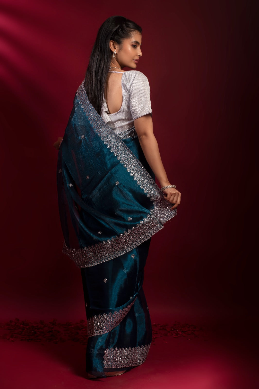 ARUNDHUTI | DEEP TEAL KHADDI GEORGETTE SAREE