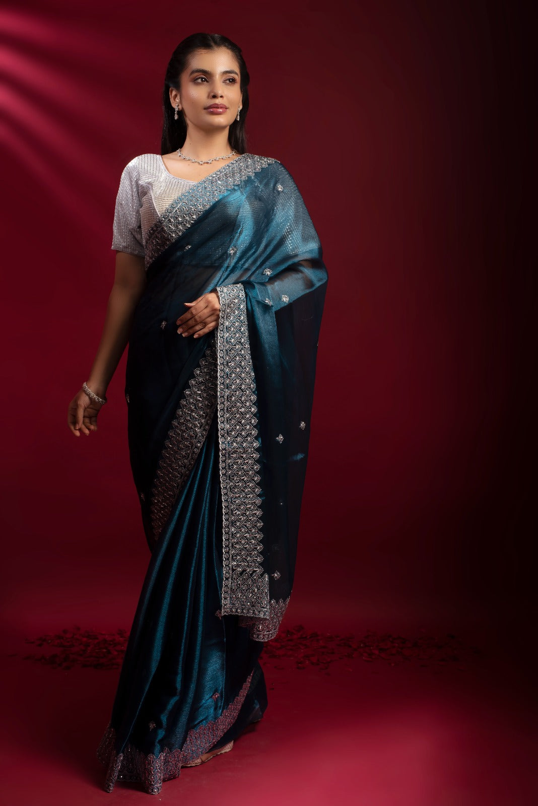 Deep teal khaddi georgette saree with silver zari embroidery and contrast blouse – Geetanjali Plaza