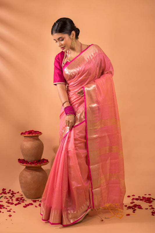 Pink Kora Silk Saree with golden zari border - Traditional Indian festive wear by Geetanjali Plaza, Gariahat
