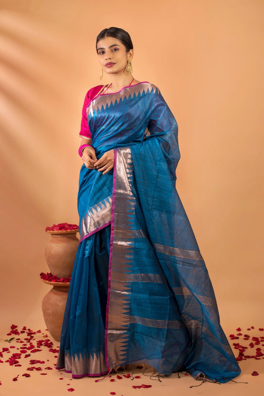 Nayantara – Deep blue Kora silk saree, traditional saree from Geetanjali Plaza