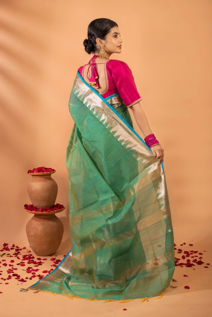 AMODINI | LIGHT GREEN KORA SILK SAREE WITH ZARI BORDER