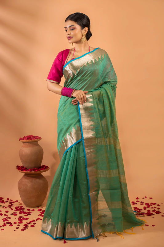 AMODINI – Sea green Kora silk saree with subtle zigzag , Geetanjali Plaza exclusive