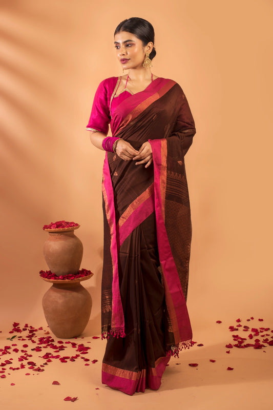 ZUNAIRA – Deep brown handloom cotton saree with magenta pink borders, Geetanjali Plaza exclusive
