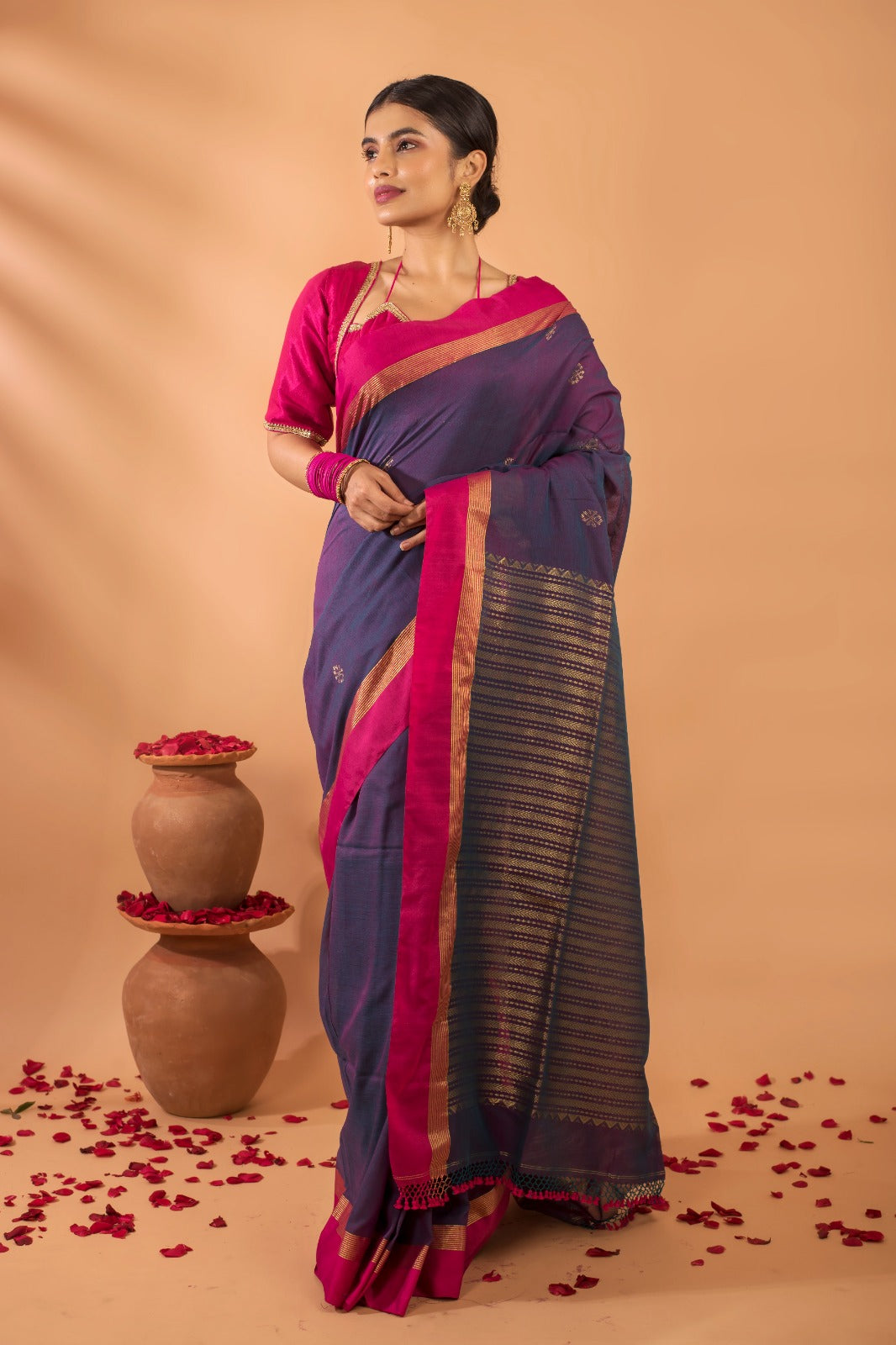 TARINI – Midnight blue handloom cotton saree with magenta borders and golden zari pallu, Geetanjali Plaza exclusive