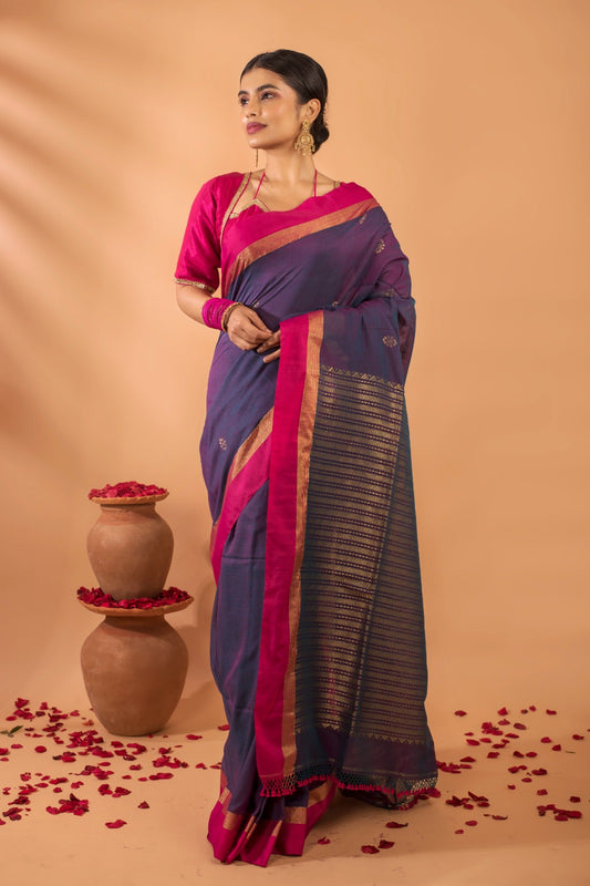 TARINI – Midnight blue handloom cotton saree with magenta borders and golden zari pallu, Geetanjali Plaza exclusive