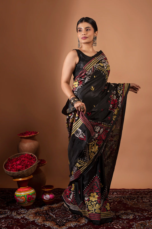 KAARI | BLACK PURE KANTHA STITCH SAREE