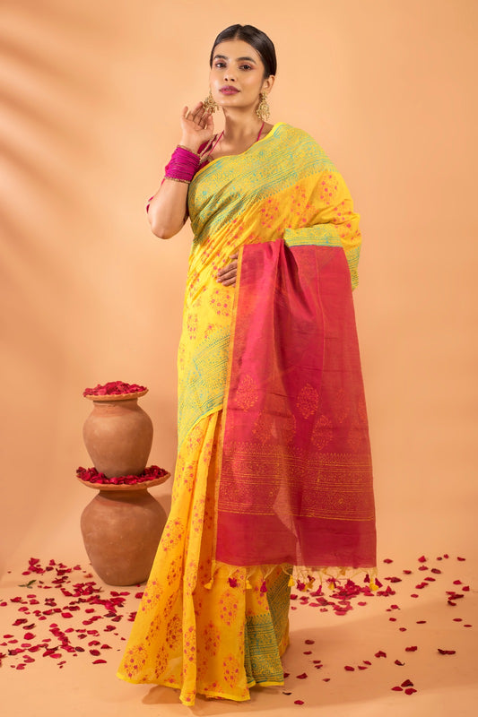 VASANTIKA | YELLOW HAND BLOCK PRINTED COTTON LINEN SAREE