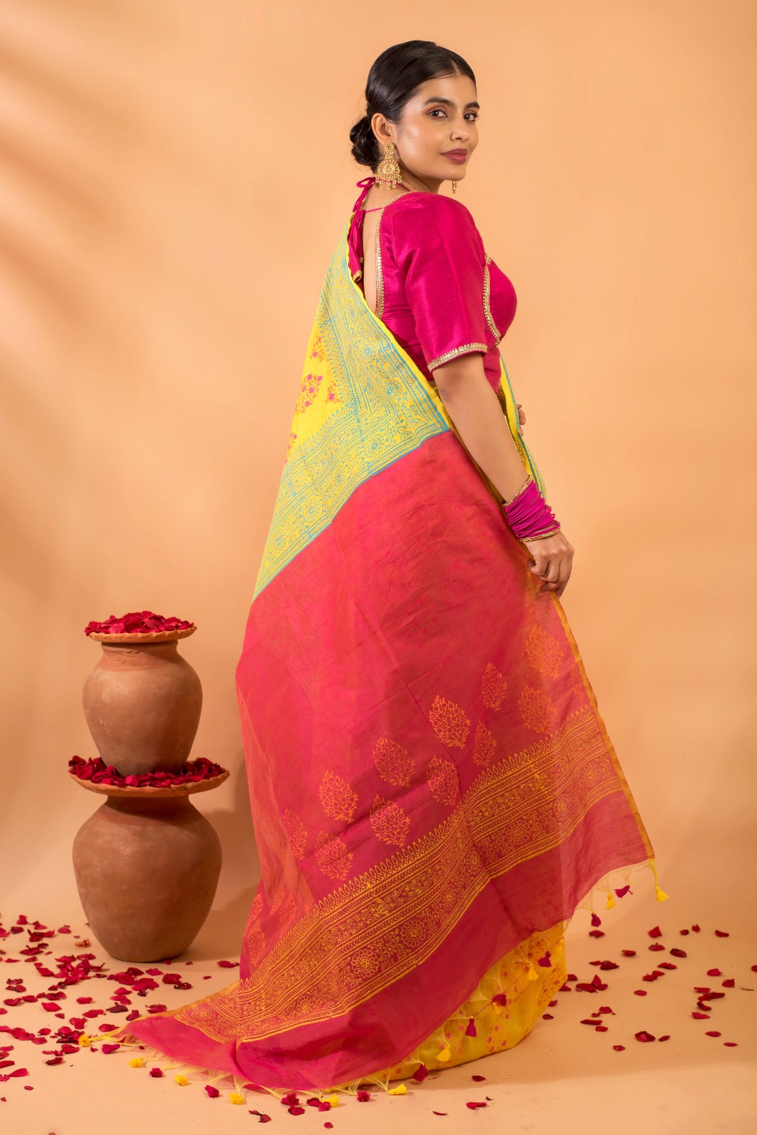 VASANTIKA | YELLOW HAND BLOCK PRINTED COTTON LINEN SAREE