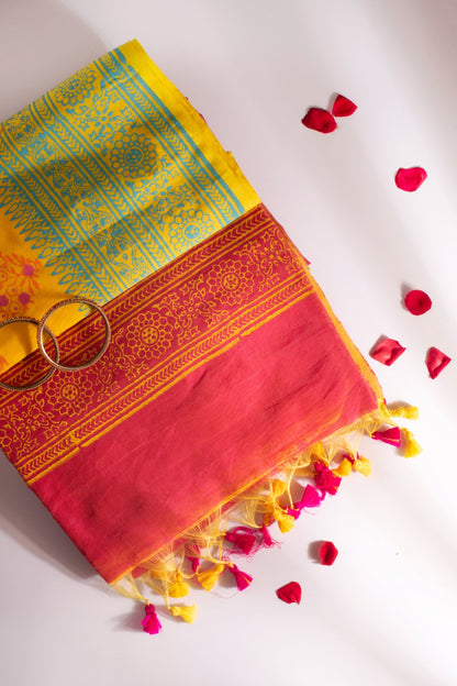 VASANTIKA | YELLOW HAND BLOCK PRINTED COTTON LINEN SAREE