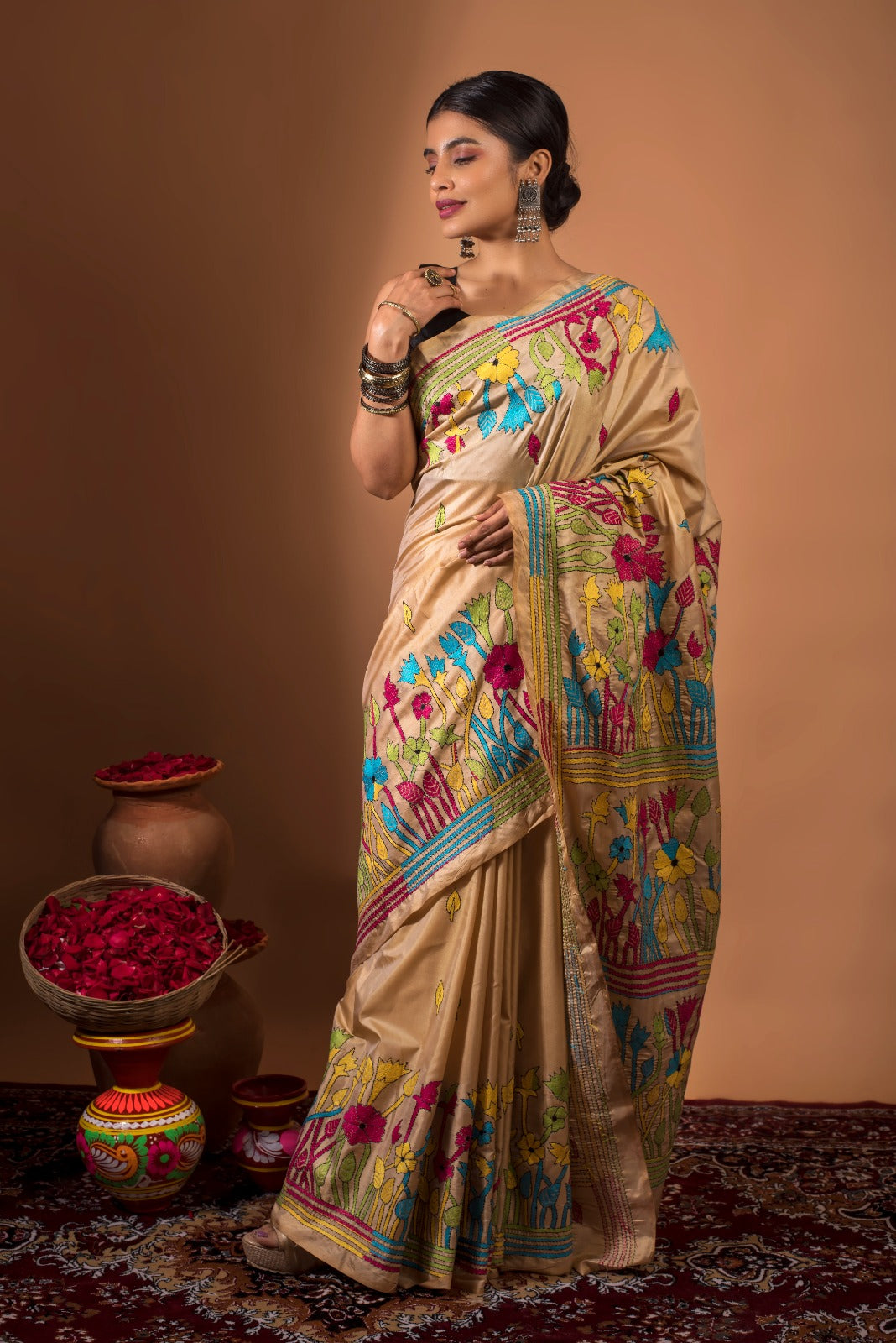 KANIKA | BEIGE PURE TUSSAR SILK KANTHA STITCH SAREE
