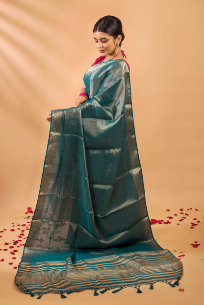 IRAAYA | BOTTLE GREEN PURE TISSUE SILK SAREE