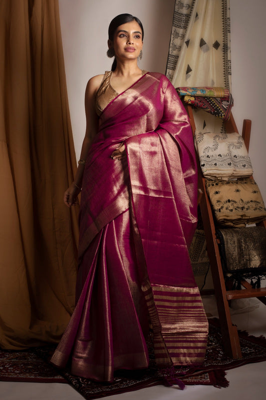 AMODINI | Deep magenta pure tissue silk saree with zari border, Geetanjali Plaza exclusive