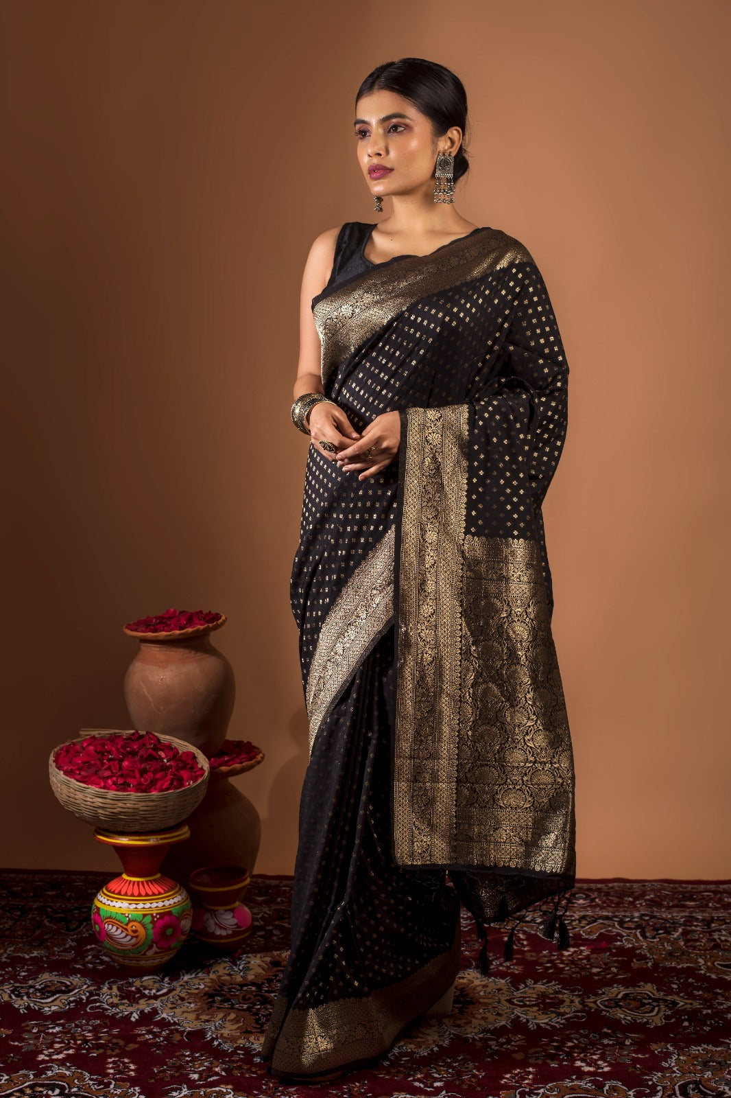 RAATRI –| Pure black Khaddi silk Banarasi saree with gold zari work, Geetanjali Plaza exclusive