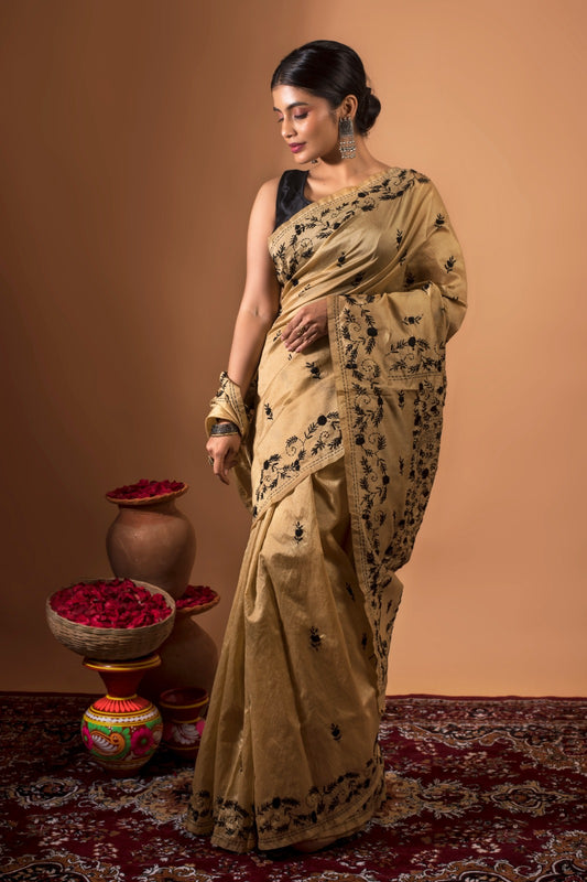 REKHA – Handwoven beige Tussar silk saree with black Kantha embroidery from Bengal, Geetanjali Plaza