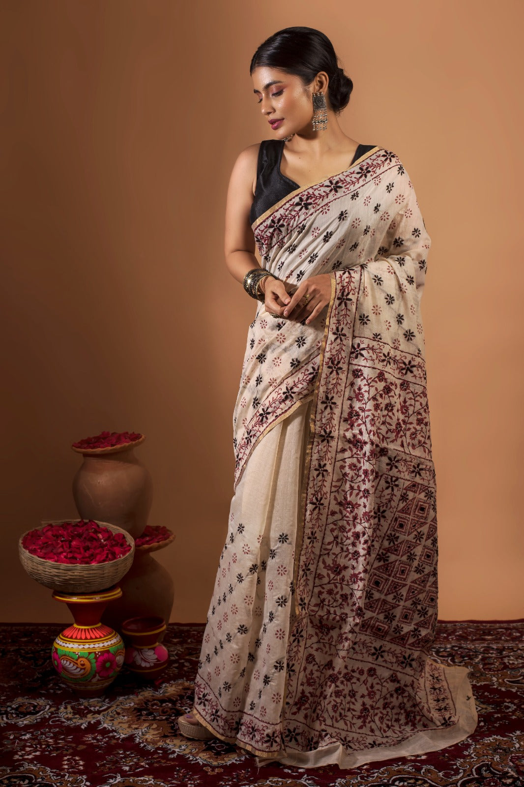 KOPAI | HANDWOVEN COTTON SILK KANTHA SAREE FROM SANTINIKETAN