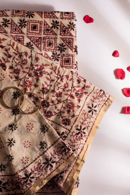 KOPAI | HANDWOVEN COTTON SILK KANTHA SAREE FROM SANTINIKETAN
