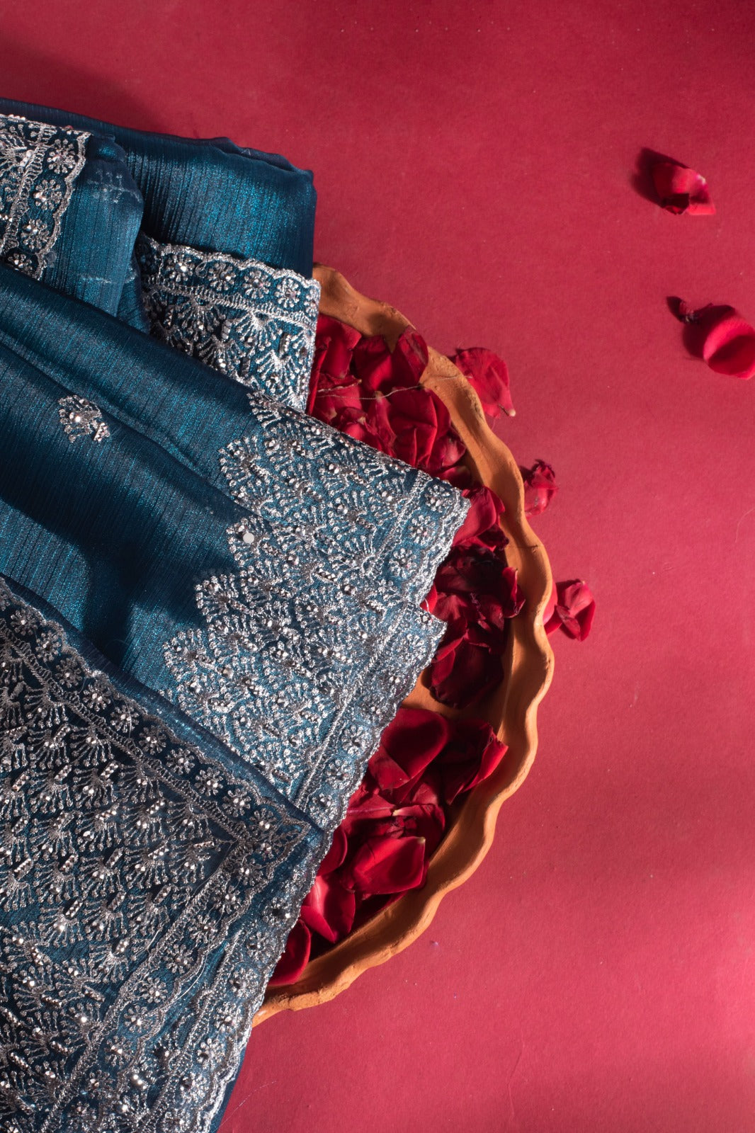ARUNDHUTI | DEEP TEAL KHADDI GEORGETTE SAREE
