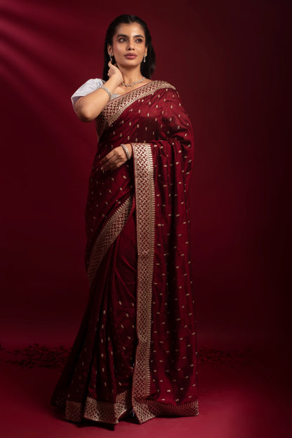 LALIMA | MAROON KHADDI GEORGETTE SAREE WITH GOLD ZARI DETAILING