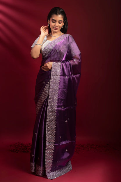 TILOTTAMA – Royal purple tissue silk saree with silver zari border and butis, Geetanjali Plaza exclusive
