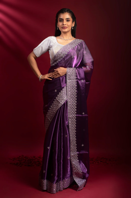 TILOTTAMA – Royal purple tissue silk saree with silver zari border and butis, Geetanjali Plaza exclusive